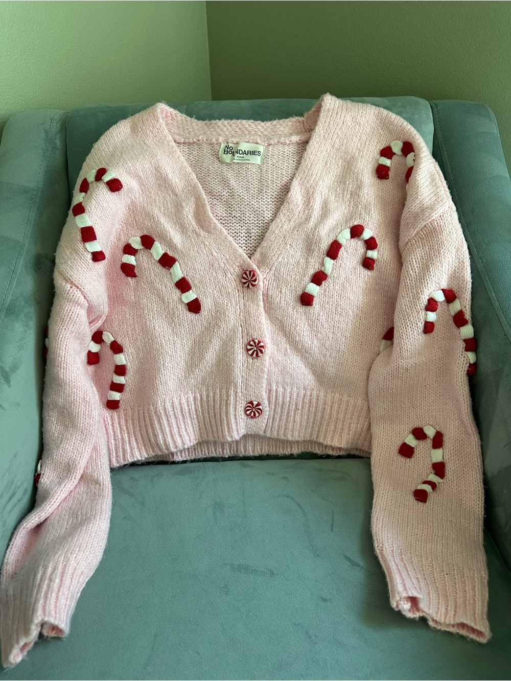 No Boundaries Pink Cropped Cardigan with Red & White Candy Canes